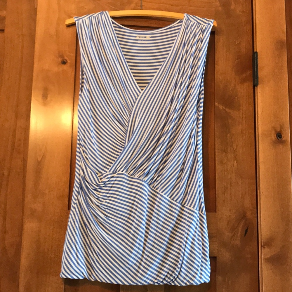Medium Blue and white stripped sleeveless top.